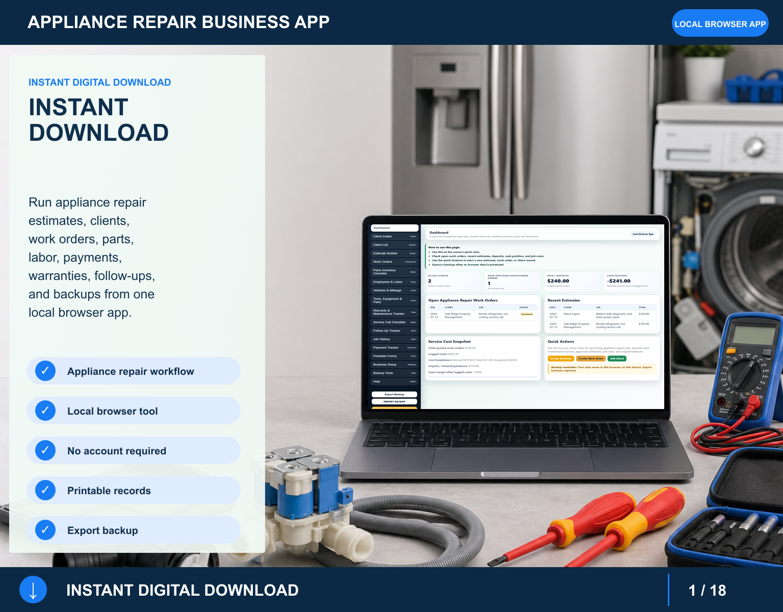 Appliance Repair business app Instant Digital Download screen for service workflow management
